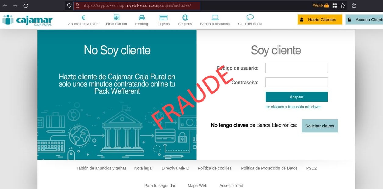 Phishing - Página a la que se accede desde el mensaje de phishing y que imita una web de Cajamar
